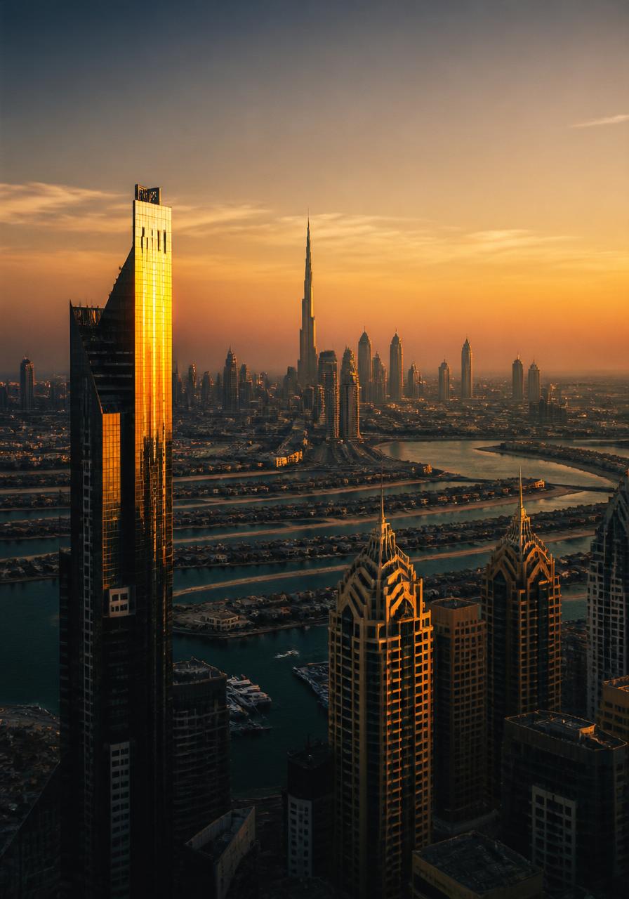 Dubai skyline at sunset with Burj Khalifa